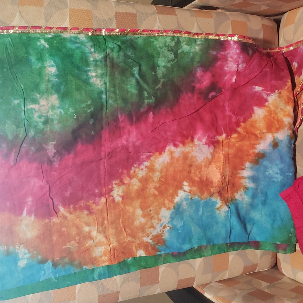 Tie Dyed Cotton Dupatta and Hot Pink Elastic Waist Pants Set EU 40 US M - Picture 3 of 7